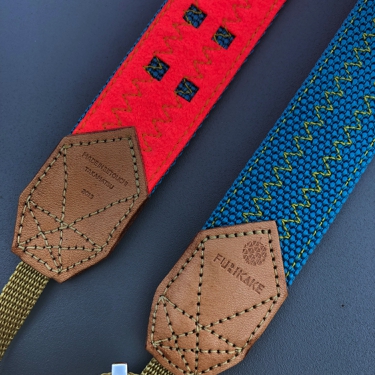 30mm幅カメラストラップ_ターコイズ(裏地蛍光コーラル)(革セトウチレザーナチュラル)